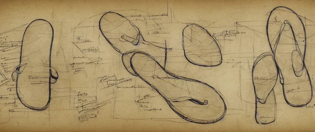 Image similar to detailed blueprint sketches of flip flops, labelled, high detail, realistic, professional, notes, diagram, by leonardo davinci, on yellow paper, worn, pencil, sketch