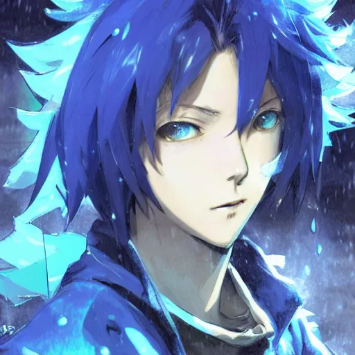 Prompt: a blue haired boy standing in the rain. character design. gesture drawing. line of action. official art, concept art. tetsuya nomura. final fantasy. shigenori soejima ray tracing hdr. 8 k. uhd. sharp focus. close up. highly detailed. masterpiece. cinematic lighting..