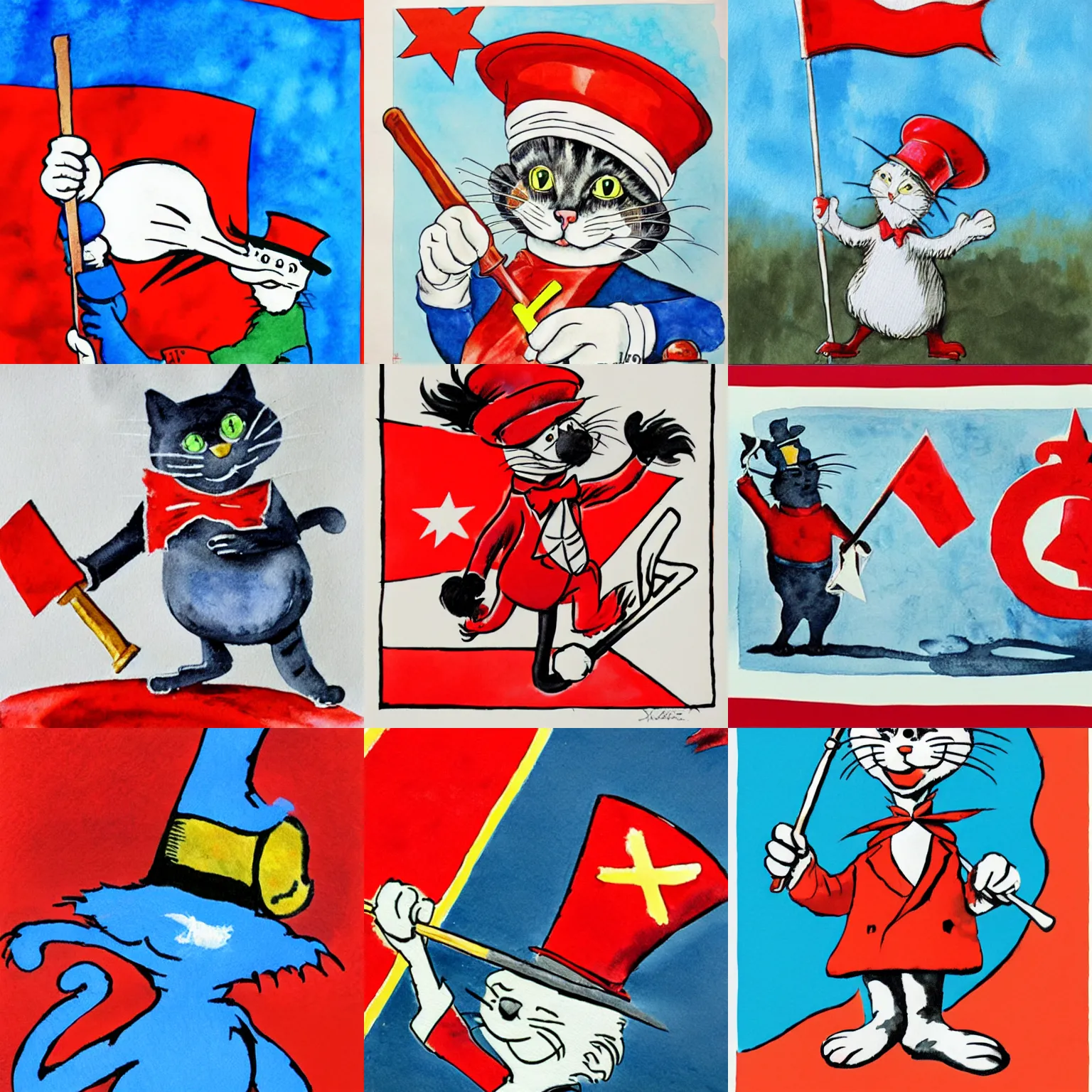 Prompt: the cat in the hat holding a ussr flag, hammer and sickle, detailed, watercolor, in the style of dr. seuss, dr. seuss