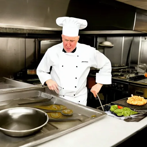 Image similar to high quality photo of Donald Trump working as a cook at a diner. He he is cooking on a griddle. He is yelling and making a mess. Food is going everywhere. Dimly lit