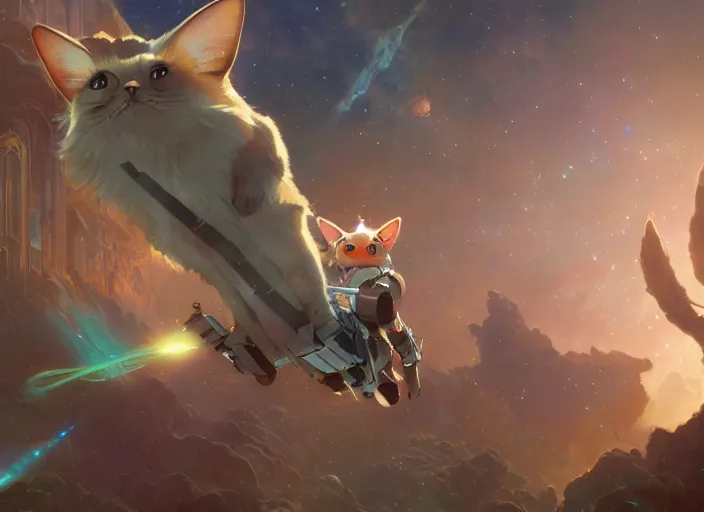 Prompt: a space cat staring role in a musical sci - fi space opera ghibli animated film, volumetric lighting, octane render by stanley artgerm lau, greg rutkowski, thomas kindkade, alphonse mucha, loish, norman rockwel,