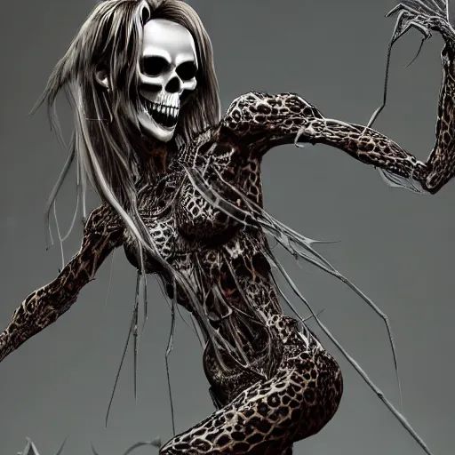 Prompt: Skull that look too much like skull!, crypt lurker!!, 8k CG character rendering of a spider-like hunting female on its back, fangs extended, wearing a leopard-patterned dress, set against a white background, with textured hair and skin.