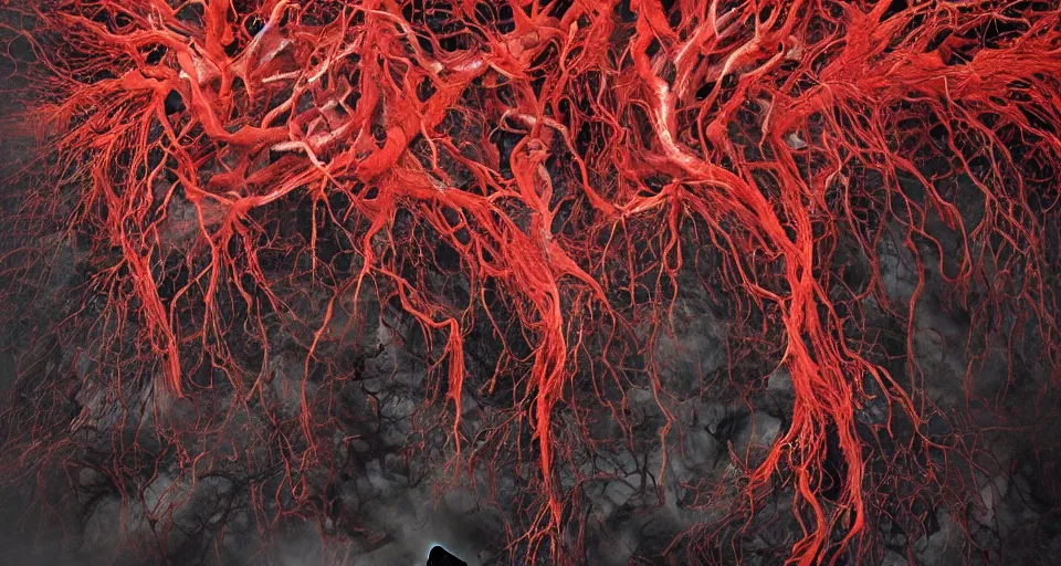 Image similar to a volcano made of ivory vines and crimson rocks enters in eruption, it spits a smoke in the shape of demonic eye, by Alyssa Monks