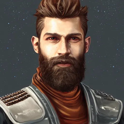 Image similar to portrait of a Germanic man with a beard and flight suit, D&D, sci-fi, elegant, hopeful, muscular, highly detailed, digital painting, artstation, concept art, smooth, sharp focus, illustration