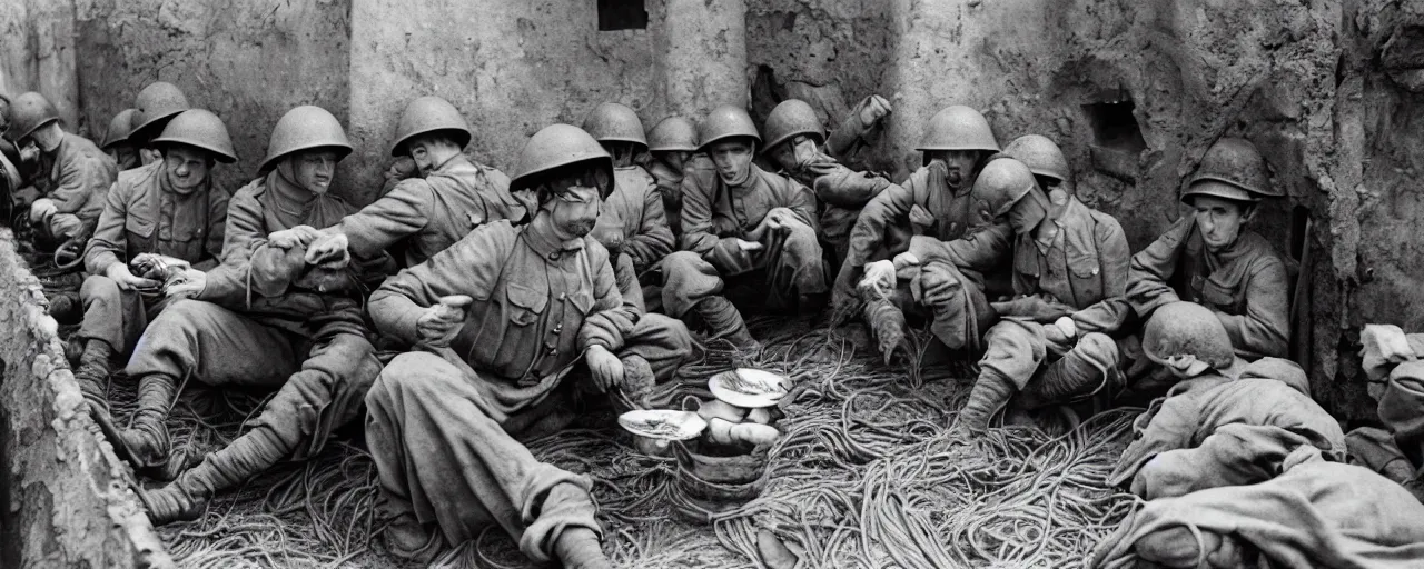 Image similar to soldiers eating spaghetti in the trenches, world war one, canon 5 0 mm, high detail, intricate, cinematic lighting, photography, wes anderson, film, kodachrome