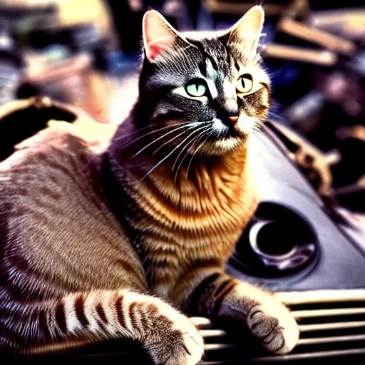 Image similar to cat donald rumsfeld, junkyard, photo, detailed, 4 k