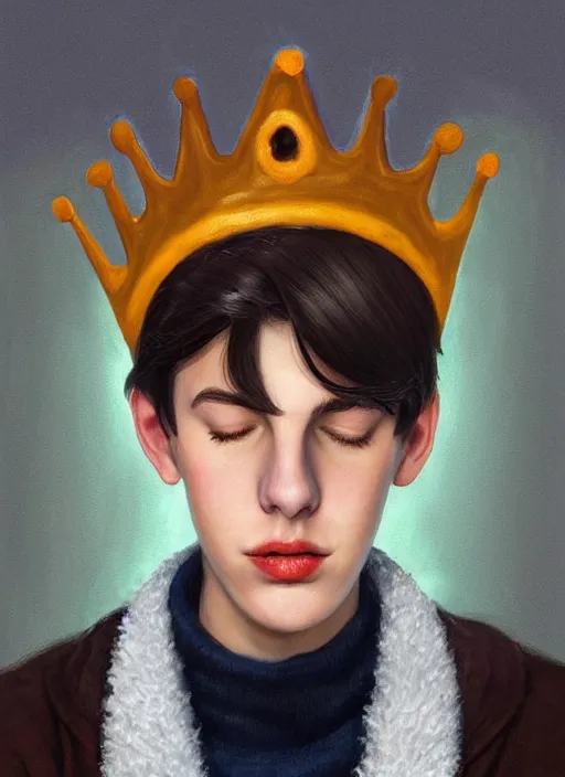 Image similar to portrait of teenage jughead jones wearing a light grey crown, crown, eating hamburger, blue turtleneck, eyes closed, crown, black hair, intricate, elegant, glowing lights, warm lighting, highly detailed, digital painting, artstation, concept art, smooth, sharp focus, illustration, art by wlop, mars ravelo and greg rutkowski