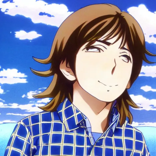 Image similar to anime illustration of young Paul McCartney from the Beatles, wearing a blue and white check shirt, on a yacht at sea, relaxing and smiling at camera, white clouds, ufotable