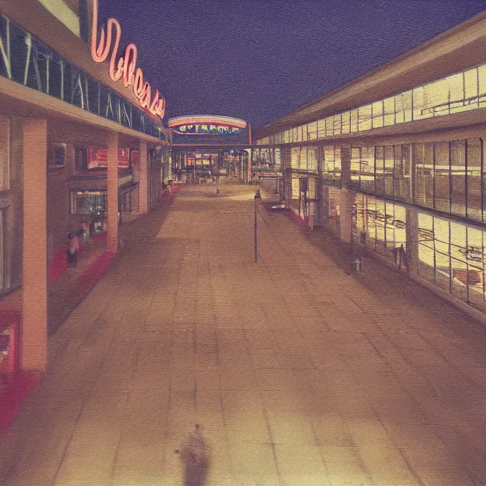 Image similar to unsettling polaroid of a retro mall at night, art by dariusz zawadski, deep depth of field. highly detailed, hyper realism, hd, 4 k