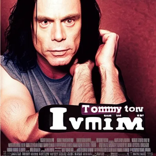 Image similar to tommy wiseau from the room ( 2 0 0 3 ), with the words oh hi mark written, poster, perfect kerning