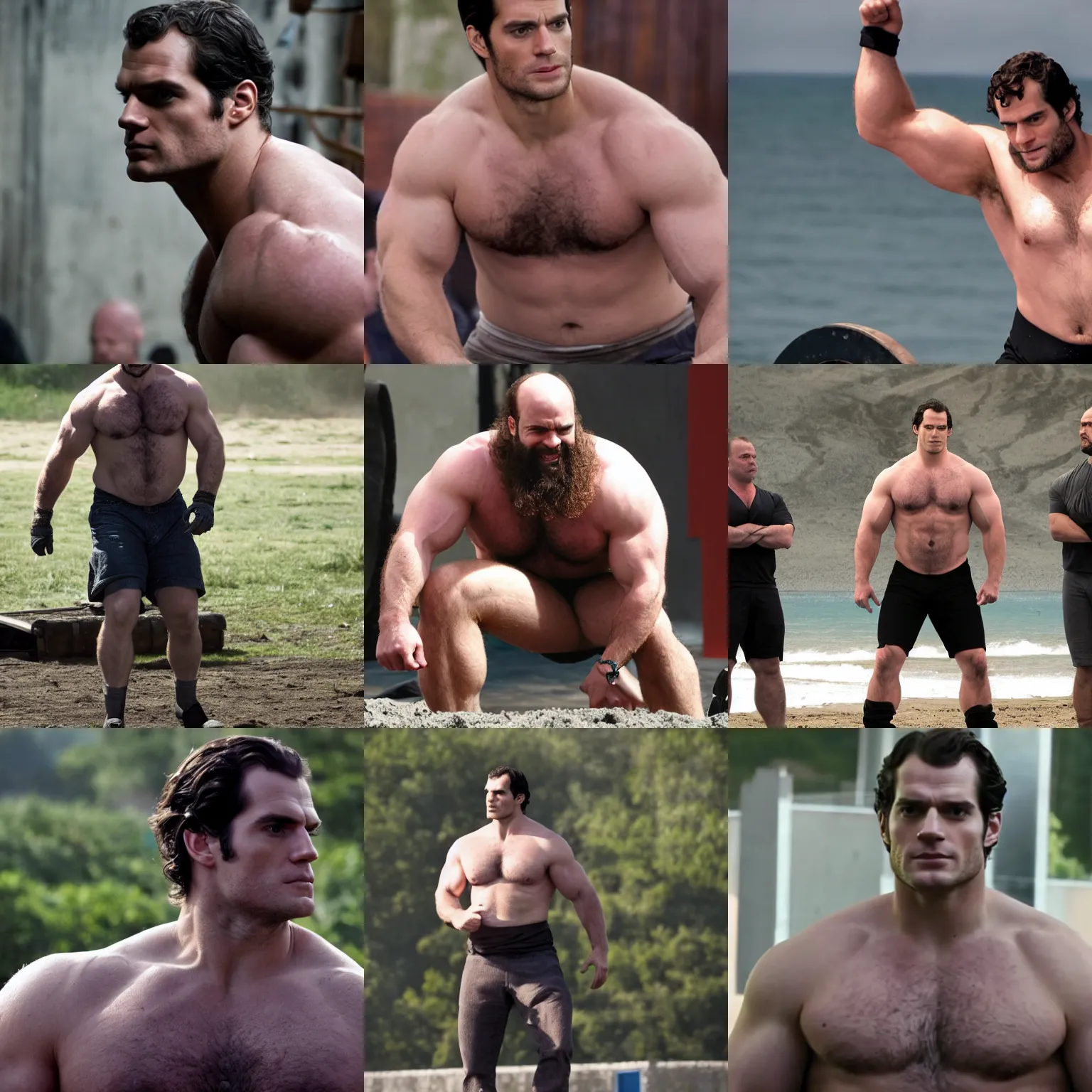 Prompt: henry cavill as a big burly padded strongman, 4 k hd