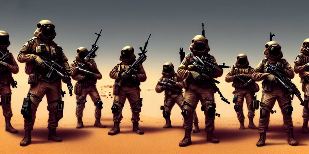 Prompt: highly detailed image of a tactical squad of hamsters dressed in tactical gear holding rifles, in a desert, stephen bliss, unreal engine, fantasy art by greg rutkowski, global illumination, detailed and intricate environment