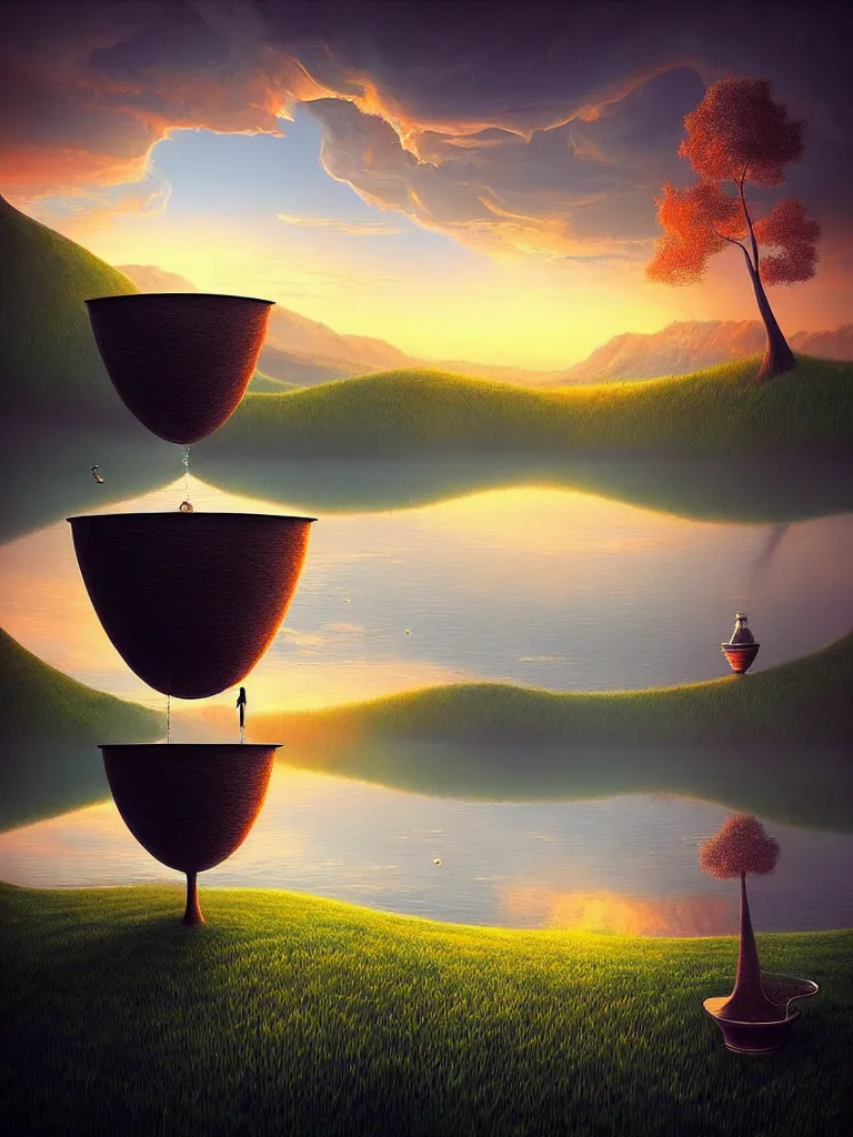 Image similar to a surreal landscape at sunset with a immense gigantic ornated iron chalice cup with a lake inside, water in excess dropping by gediminas pranckevicius