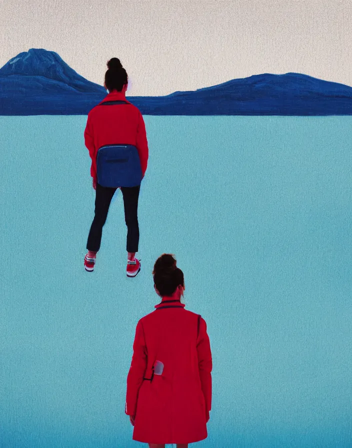 Image similar to wide shot rear view photographer woman hair in a bun long red stripe coat backpack sneakers taking photo with nikon camera in hand while looking out over a placid blue lake, a character design painting, in the style of wes anderson, lola dupre, david hockney, isolated on negative white space background dark monochrome fluorescent spraypaint accents volumetric octane render, no double figure