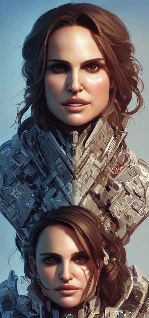 Image similar to symmetry!! portrait of natalie portman in the style of horizon zero dawn, machine face, intricate, elegant, highly detailed, digital painting, artstation, concept art, smooth, sharp focus, illustration, art by artgerm and greg rutkowski and alphonse mucha, 8 k