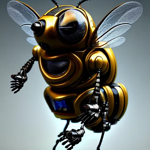 Prompt: A photorealistic miniature 3d render of a robot Bee made of circuits wide view shot by ellen jewett , tomasz alen kopera and Justin Gerard symmetrical features, ominous, magical realism, texture, intricate, ornate, royally decorated, android format, windows, many doors, roofs, complete house , whirling smoke, embers, red adornments, red torn fabric, radiant colors, fantasy, trending on artstation, volumetric lighting, micro details, 3d sculpture, ray tracing, 8k