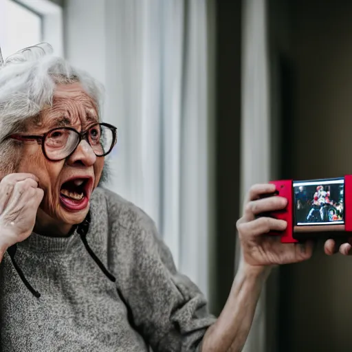 Image similar to elderly woman screaming at a nintendo switch, canon eos r 3, f / 1. 4, iso 2 0 0, 1 / 1 6 0 s, 8 k, raw, unedited, symmetrical balance, wide angle