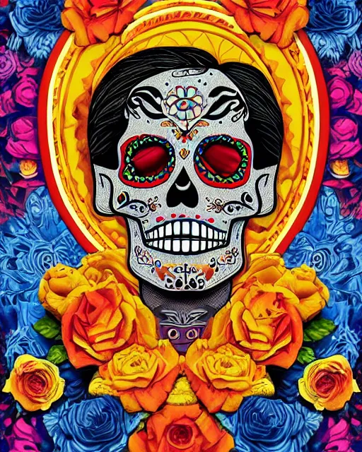 Prompt: dia de los muertos hombre theme poster art by artemio rodriguez, lisa brawn, and gustave bauman, intricate, accurate facial details, profile picture, artgerm, retro, nostalgic, old fashioned, posterized color