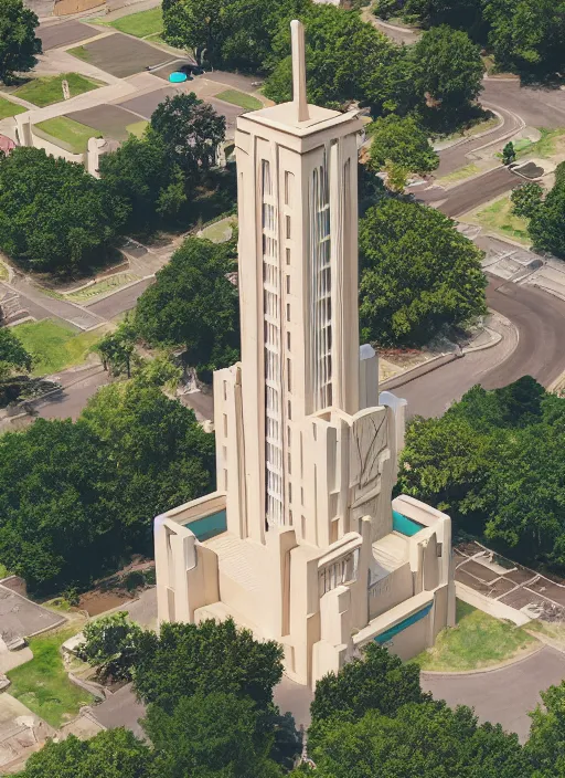 Image similar to isometric artdeco cathedral by frank lloyd wright, shot from drone isometric, painted by piet mondrian