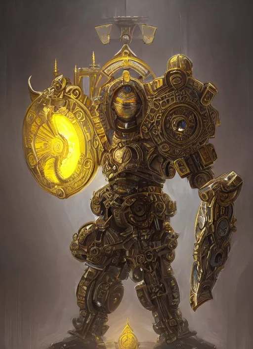 Prompt: full body, attack position abstract portrait of a intricate ornate holy mechanical warforged with circular glowing eye, character in yellow armor holding a legendary paladin engraved great longsword drawn and carrying a huge heavy paladin shield, vertically flat head, face in focus, epic , trending on ArtStation, masterpiece, cinematic lighting, by Ross Tran and by Greg Rutkowski