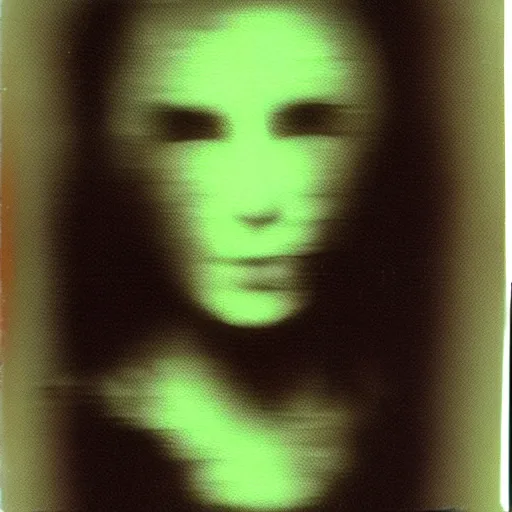 Prompt: glitchpunk damaged polaroid photo of a blurry woman in a dark dystopian future