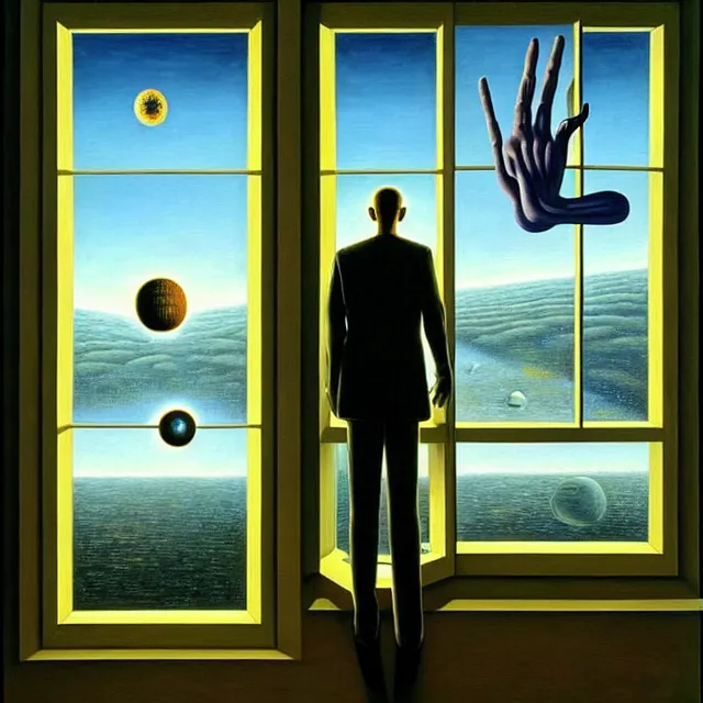 Image similar to an oil on canvas portrait of a man waking up and an alien is looking in through the window, surrealism, surrealist, lovecraftian, cosmic horror, rob gonsalves, high detail