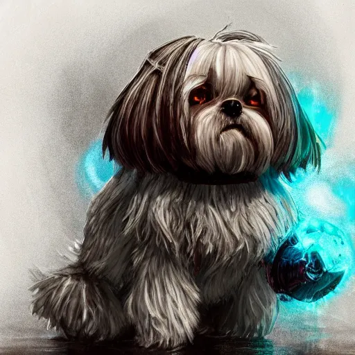 Image similar to shih tzu Dog, battle armour, Anthropomorphized, casting epic spell, magic the gathering artwork, D&D, fantasy, cinematic lighting, centered, symmetrical, highly detailed, digital painting, artstation, concept art, smooth, sharp focus, illustration, volumetric lighting, epic Composition, 8k, art by Akihiko Yoshida and Greg Rutkowski and Craig Mullins, heroic pose, oil painting, cgsociety, magic lab background