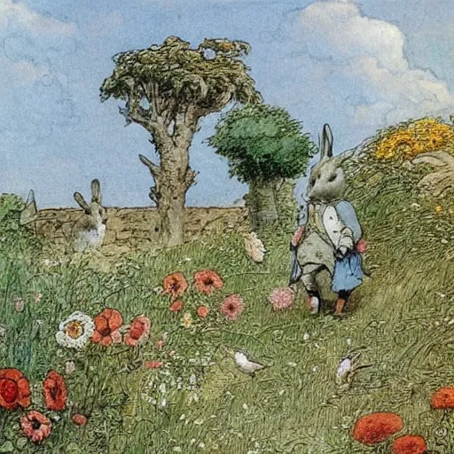 Prompt: Flowery field with extravagant nature flowers, trees, animals, bunnies, rats, sunny day beautiful artwork detailed painting by Anton Pieck by Beatrix Potter