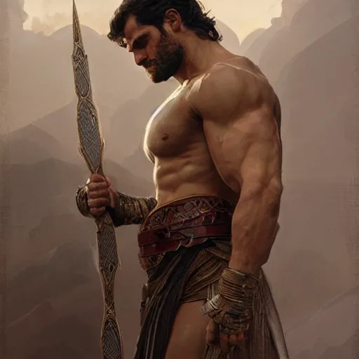 Image similar to henry cavill as a greek gladiator, gorgeous, amazing, muscular, intricate, highly detailed, digital painting, artstation, concept art, sharp focus, illustration, art by greg rutkowski and alphonse mucha