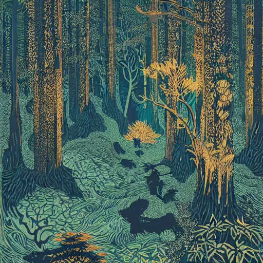 Image similar to linocut print of fantasy forest, amazing art, highly detailed, intricate, color, masterpiece, by victo ngai, craig mullins,