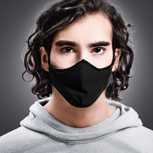 Image similar to professional digital art of a young adult man with slightly long hair wearing a black face mask and an oversized dark sweatshirt and dark sweatpants, high quality, HD, 8K, highly detailed, award-winning, sci-fi, fantasy, movie, concept