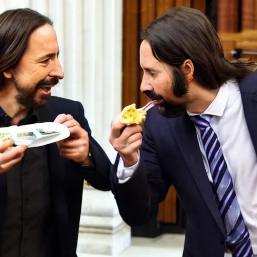 Image similar to pablo iglesias and santiago abascal sharing a kebab in the houses of parliament