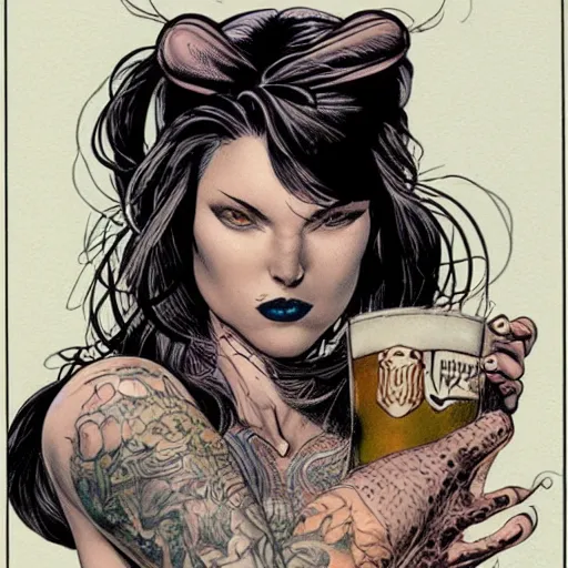 Image similar to a beautiful portrait of a heavily tattooed woman handing you a beer in Travis Charest style