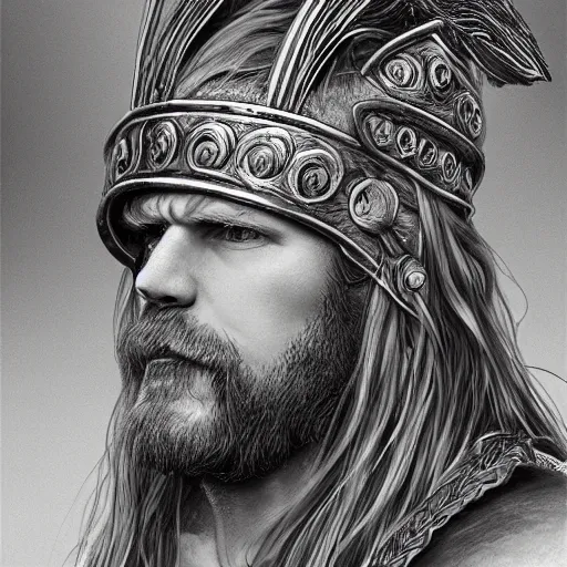 Image similar to of valhalla viking headgear with flaming red hair, fine detail, texture, extreme detailed drawing, trending on artstation, hyperreal