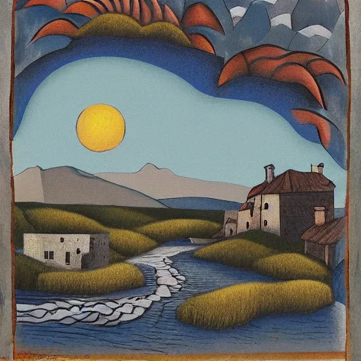 Prompt: The print is of a small village with a river running through it. In the distance, there are mountains. The sky is clear and the sun is shining. dada by Mab Graves, by Rafael Zabaleta funereal, turbulent