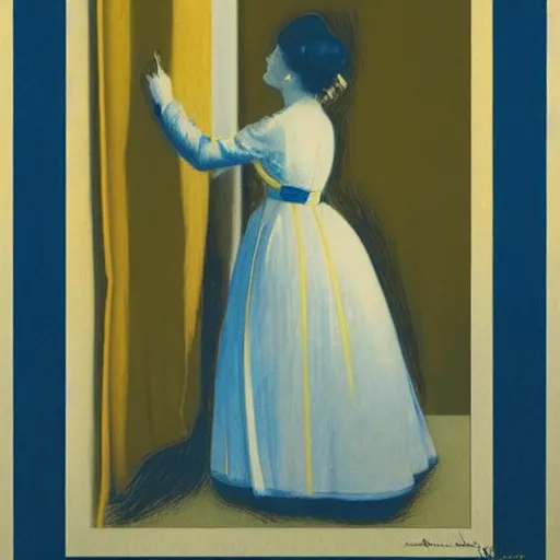 Prompt: a girl in a blue and gold ivory room, film still by goya, by koloman moser, elegant drawing, digital painting, jugendstil, art noveau, strong lights, flat colors, pastel colors