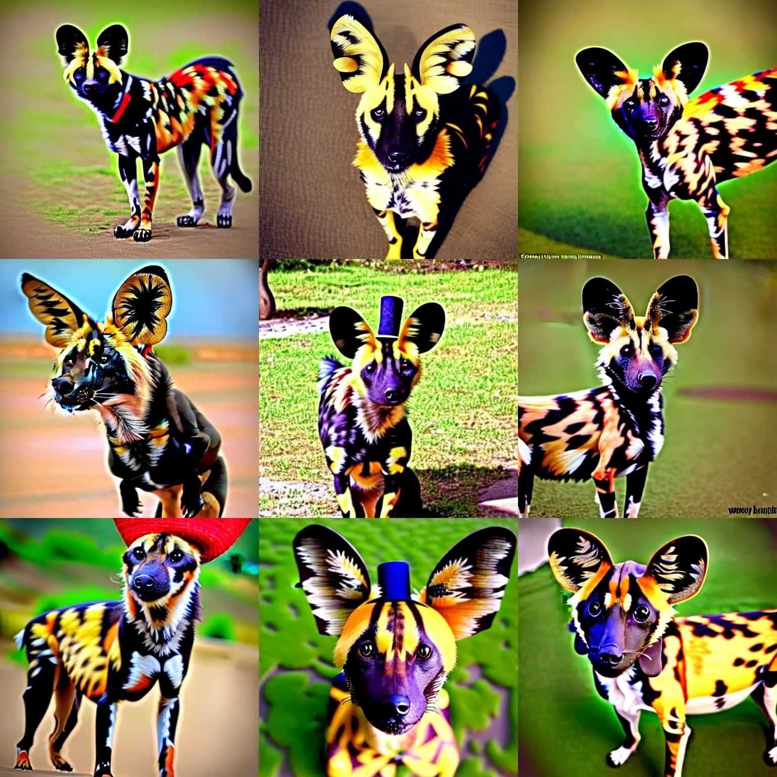 Prompt: My favorite friend, the african painted dog, dress him in a hat, give that dog a hat