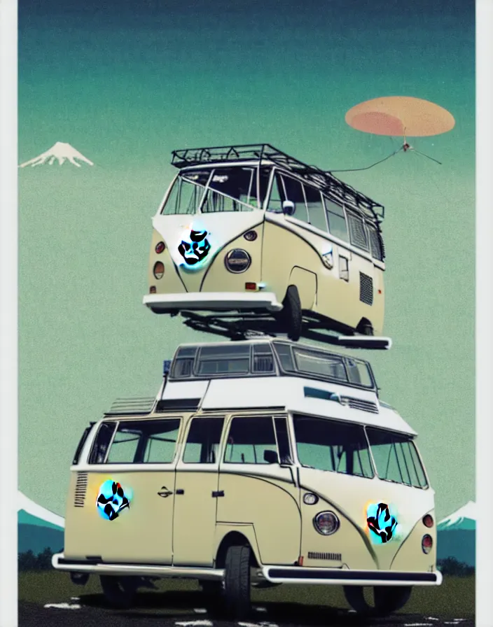 Image similar to front view vw camper touring rural japan, a collage painting, in the style of wes anderson, lola dupre, david hockney, isolated on negative white space background dark monochrome fluorescent spraypaint accents volumetric octane render, not double decker