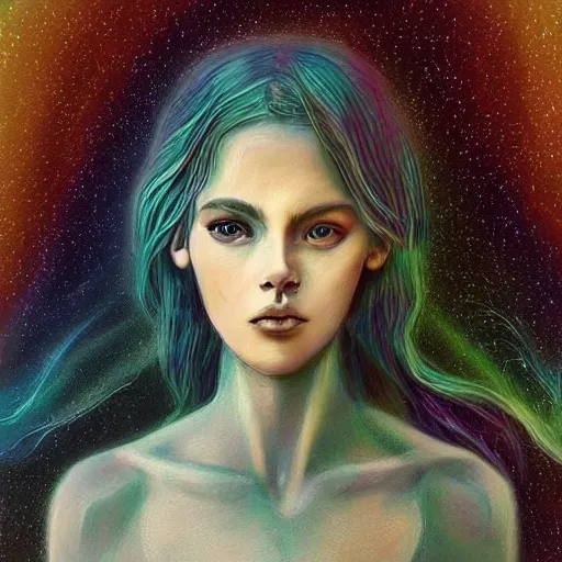 Image similar to beautiful detailed artistic portrait of a person travelling between different astral planes. grainy and rough. fine detail. soft colour scheme. artistic painting by lurid ( 2 0 2 2 ). featured on deviantart.