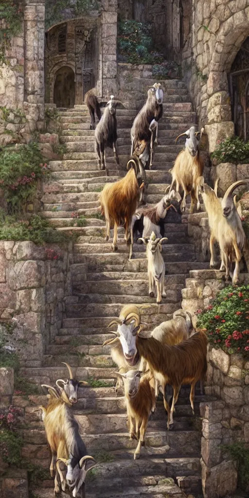 Prompt: a herd of goats!! climbing stairs in a beautiful fantasy castle, medieval city, citadel, magic, tall towers, murals, many goats, sunlight, vivid colors, god rays, digital art, landscape, fantasy art, octane render, unreal engine, high detail, very realistic, by greg rutkowski. by james gurney