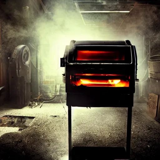 Image similar to toaster oven terminator robot, dark messy smoke - filled cluttered workshop, dark, dramatic lighting, orange tint, sparks, cinematic, highly detailed, sci - fi, futuristic, movie still