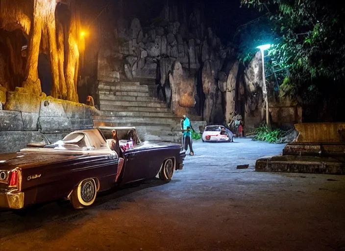 Image similar to a couple are in a chevrolet impala at kamakhya temple, guwahati city ; headlights of a car shine on a strange canyon road, she looks at him with a strange look in her eyes, it's the dead of night, in a distance the lights of a city light the night's sky