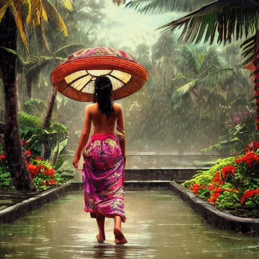 Image similar to monsoon on tropical island, oriental woman, ornate, beautiful, atmosphere, vibe, mist, coconuts, rain, wet, pristine, puddles, melting, dripping, snow, creek, lush, ice, bridge, forest, roses, flowers, by stanley artgerm lau, greg rutkowski, thomas kindkade, alphonse mucha, loish, norman rockwell