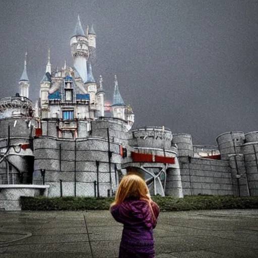 Image similar to a girl in chernobyl!!! disneyland castle made of reactor concrete blocks!! silent hill!! dark cloudy, atmospheric, foggy, wide angle