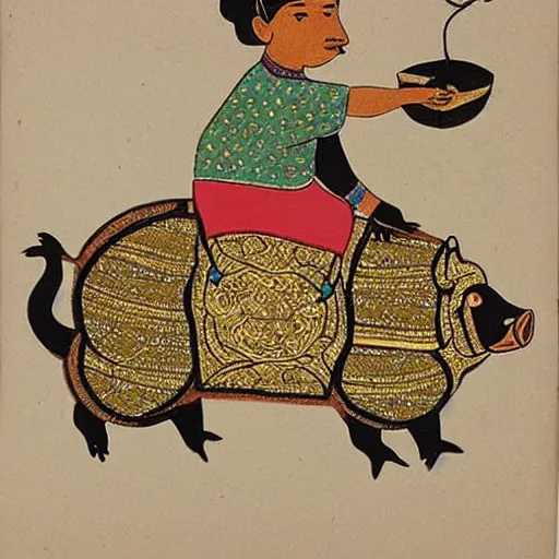 Image similar to boy with gold crown riding pig in style of Gond Paintings