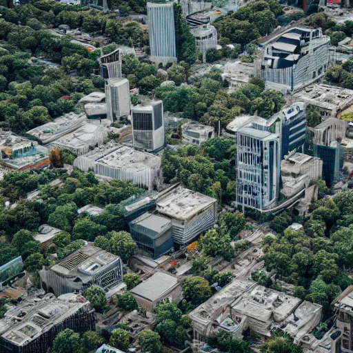 Image similar to futuristic urban decay overgrown cityscape photo shot from helicopter ultradetailed 8 k