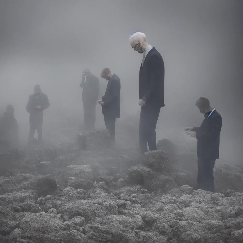 Prompt: In a foggy office,a group of men in gray suits look at stones, rocks,, peebles and dried plants purple smoke in the style of Michael Mann, canon 5D