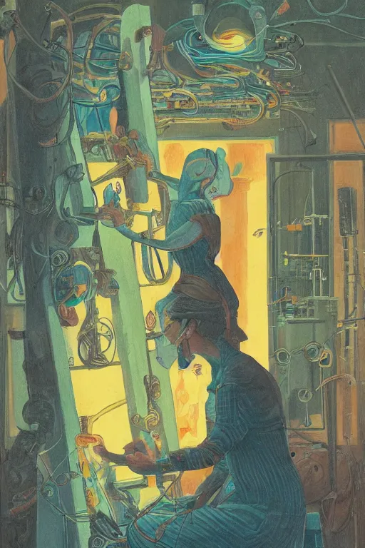 Prompt: realistic portrait of an engineer woman fixing the samsara holy cluster, fine portrait, concept art, stunning, in the style of brecht evens and jean delville