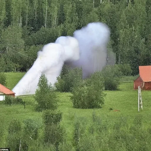 Image similar to a large funnel formed on the territory of the Russian village house in Russia as a result of a rocket hit