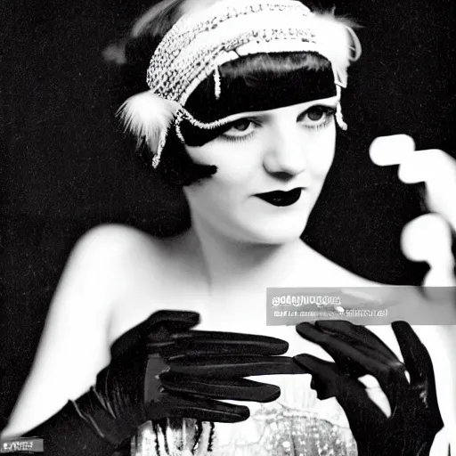 Prompt: a 1 9 2 0 s flapper woman extending her hand in black satin gloves toward the camera, enticing the viewer to join a jazz party taking place behind her in a dimly lit speakeasy, circa 1 9 2 4, depth of field, photorealistic